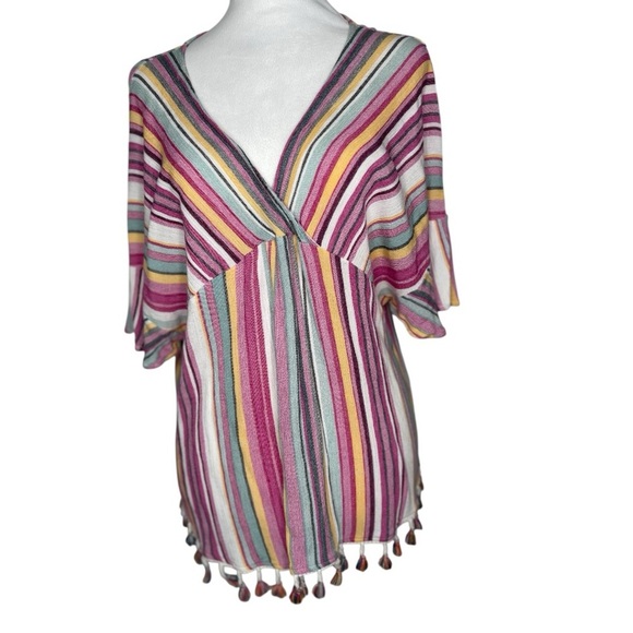 Kori Multicolor Striped Tunic Tassels Lightweight Summer Boho Casual Size Medium - Picture 1 of 15